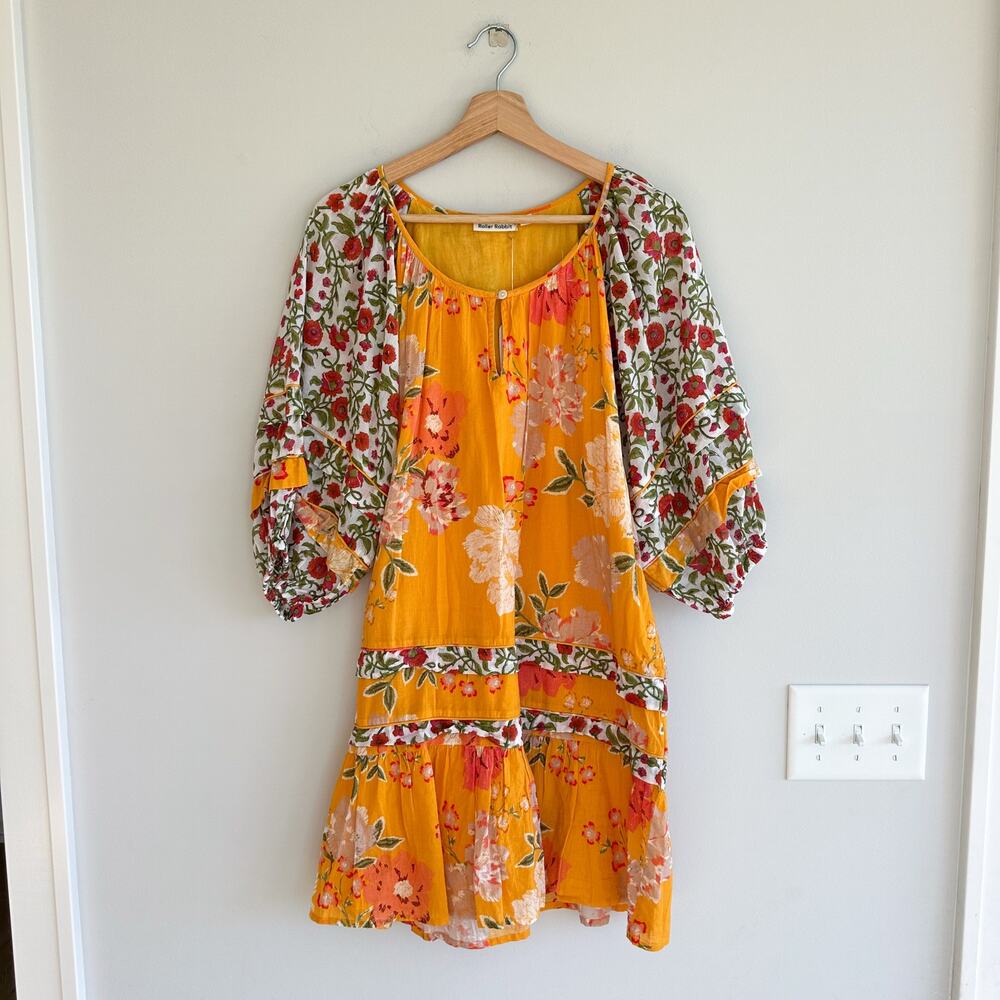Roller Rabbit Semara Tamania Puff Sleeve Floral Mini Dress Yellow S